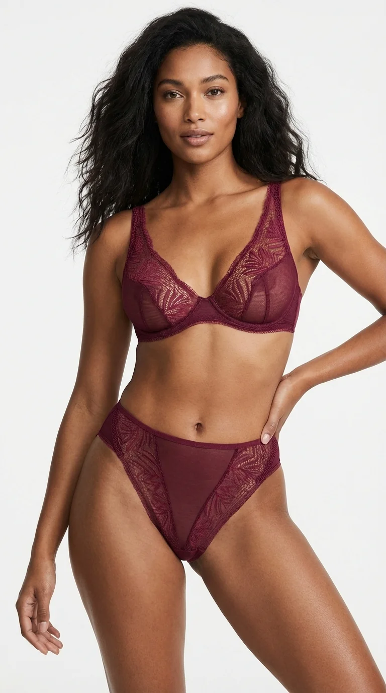 Orta Bikini Külot Tül Yan Bant Şeffaf İç Çamaşırı Model Bordo - Ön Görünüm - LunaIntim